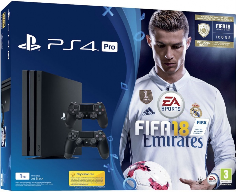 Sony Playstation PRO 1TB с двумя джойстиками + FIFA 18 (PS4)