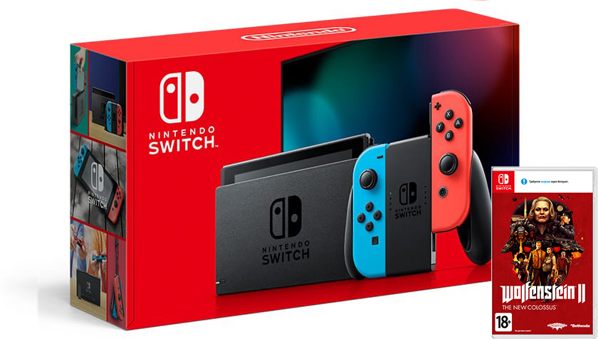 Nintendo Switch Neon Blue / Red HAC-001(-01) + Wolfenstein II: The New Colossus (Nintendo Switch)