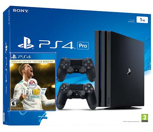 Sony Playstation PRO 1TB с двумя джойстиками + FIFA 18 Ronaldo Edition (PS4)