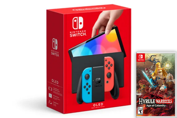 Nintendo Switch (OLED model) Neon Red/Neon Blue set + Hyrule Warriors: Age of Calamity