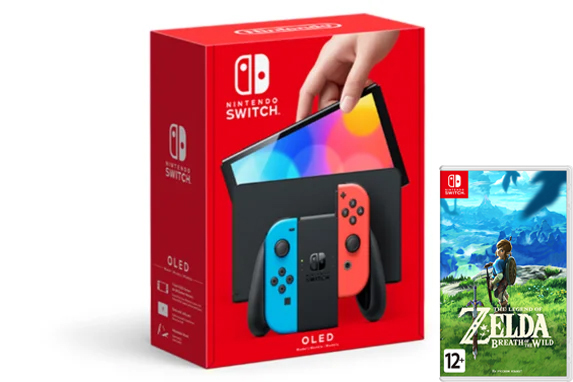 Nintendo Switch (OLED model) Neon Red/Neon Blue set + The Legend of Zelda Breath of the Wild