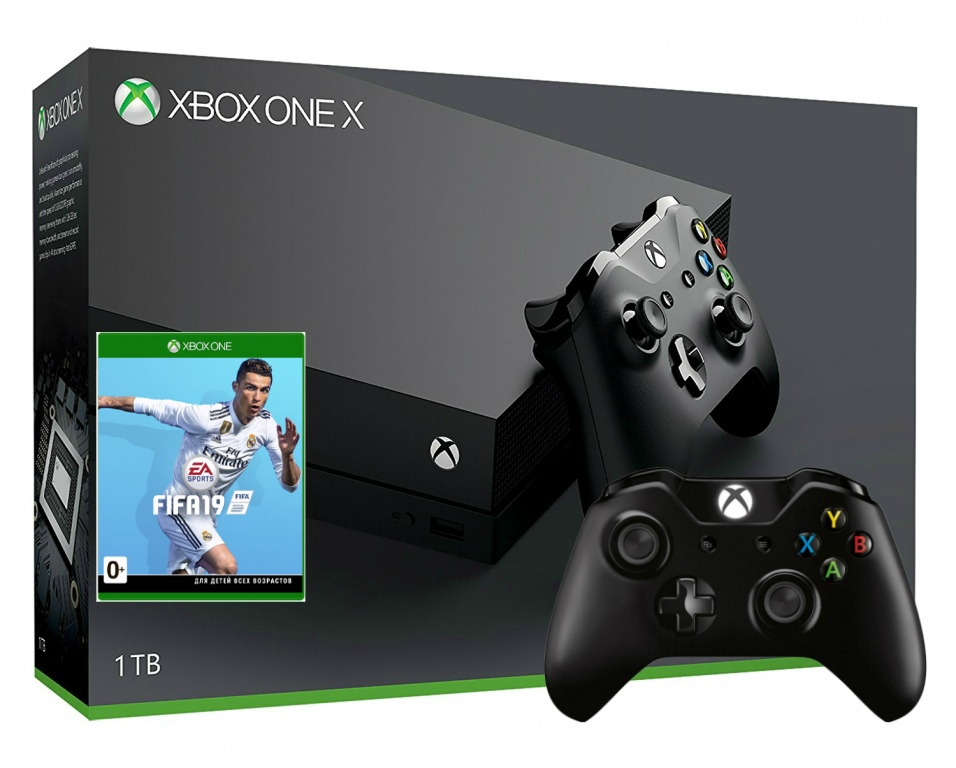 Xbox One X 1TB с двумя джойстиками + гра FIFA 19 (Xbox one)