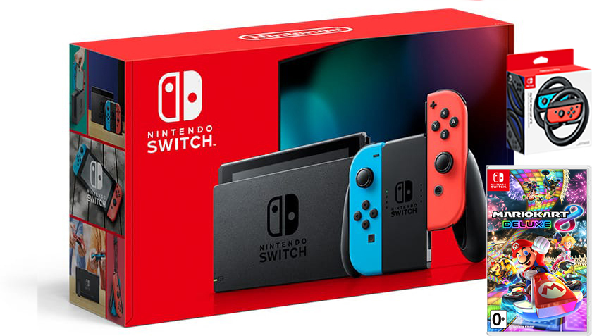 Nintendo Switch Neon Blue / Red HAC-001(-01) + Mario Kart 8 Deluxe + Рули Joy‑Con Wheel (Set of 2)