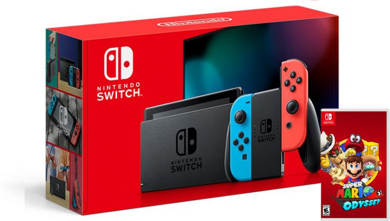 Nintendo Switch Neon Blue / Red HAC-001(-01) + Super Mario Odyssey (Nintendo Switch) Фотография 0